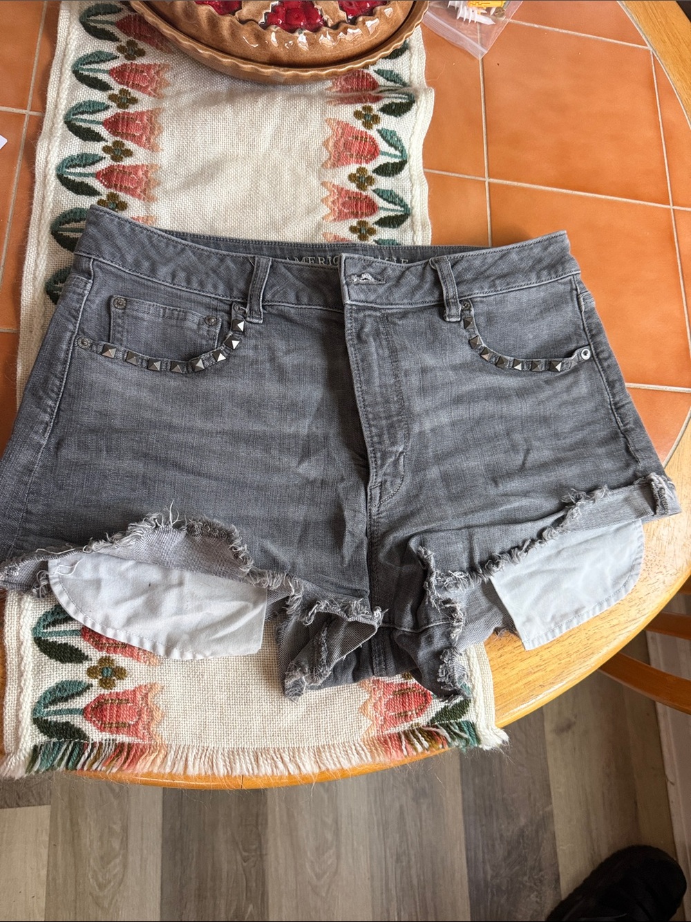 American Eagle Outfitters Gray Studded Distressed Denim Shorts